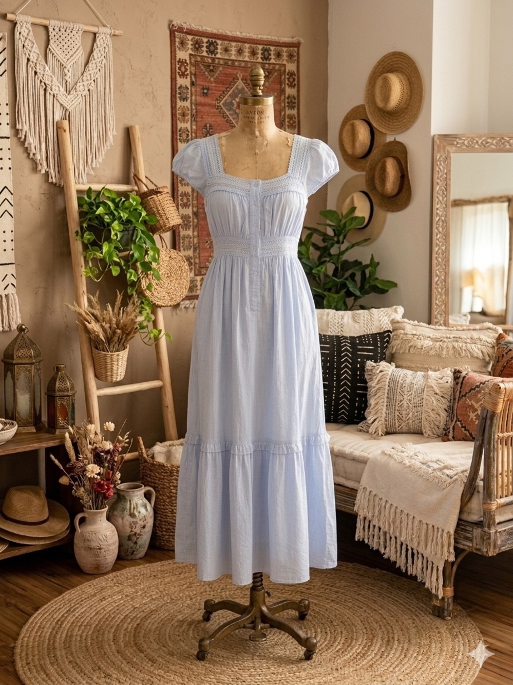NWT In Loom Blue Lace Cotton Maxi Dress | Boho Cottagecore Vacation Dress